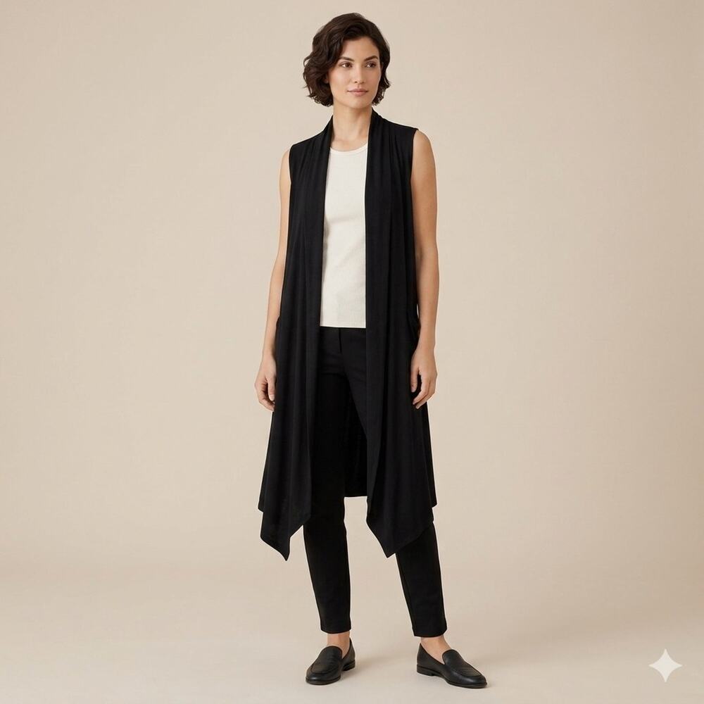 Eileen Fisher M Black Duster Vest Longline Open Front Pockets Lagenlook